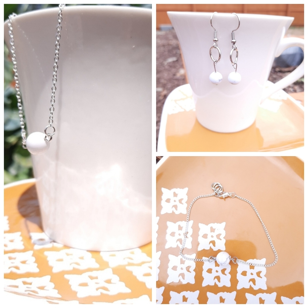 White Howlite Simple Stone Earrings, Necklace, & Bracelet Bundle